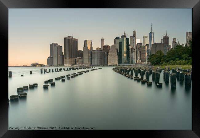 New York skyline viewed from Old Pier 1 Brooklyn Framed Print by Martin Williams