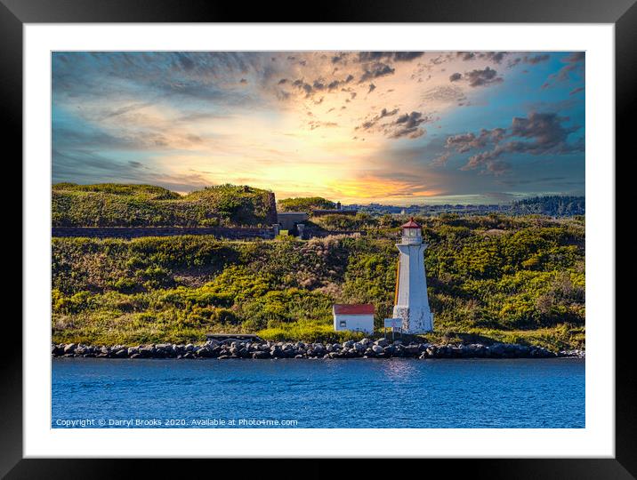 White Lighthouse on Green Coast at Sunrise Framed Mounted Print by Darryl Brooks