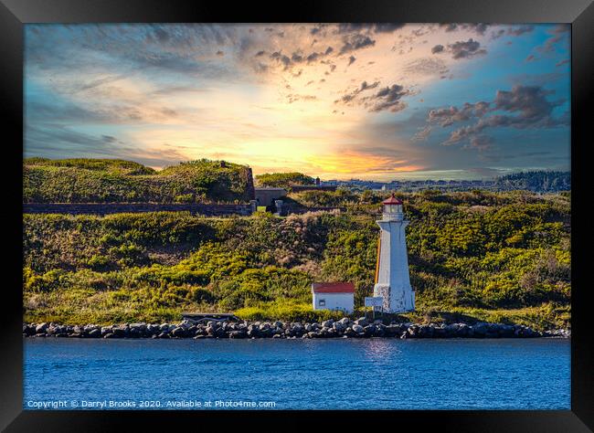 White Lighthouse on Green Coast at Sunrise Framed Print by Darryl Brooks