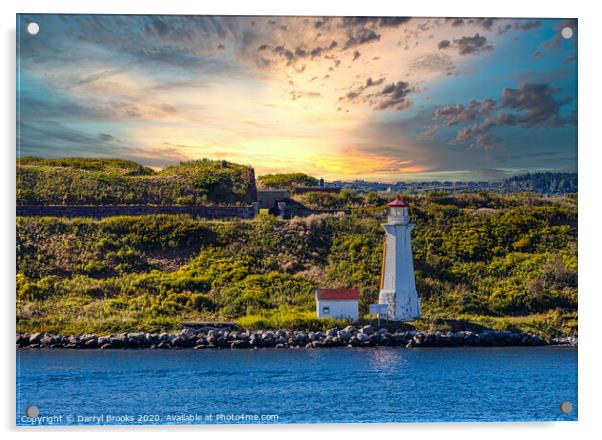 White Lighthouse on Green Coast at Sunrise Acrylic by Darryl Brooks