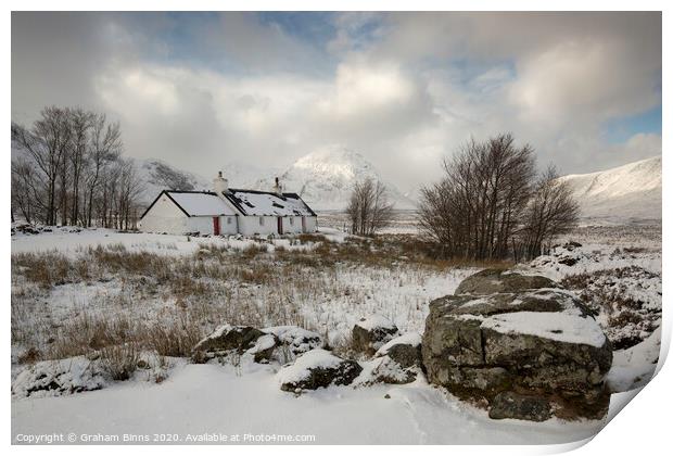 Black Rock Cottage, snowy Scottish scene. Glencoe Print by Graham Binns