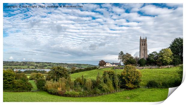 A view of the church and the lake at Blagdon Somerset Print by Sue Knight
