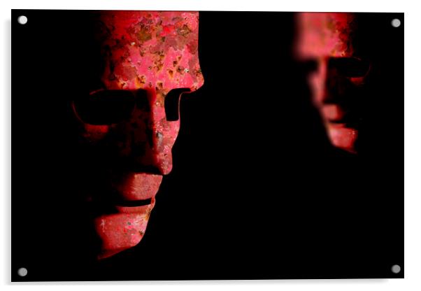 Two red rusting old decaying robot faces Acrylic by Simon Bratt LRPS