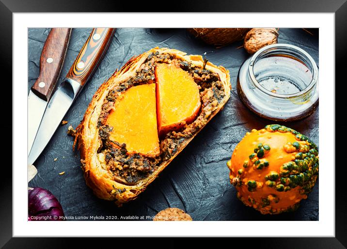 Roll stuffed with mushrooms and pumpkin. Framed Mounted Print by Mykola Lunov Mykola