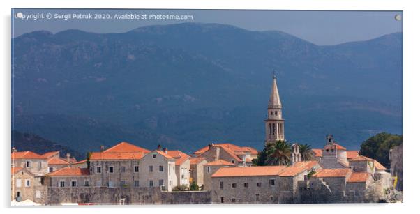 View of the old town of Budva in Montenegro against the background of blue-green mountains Acrylic by Sergii Petruk