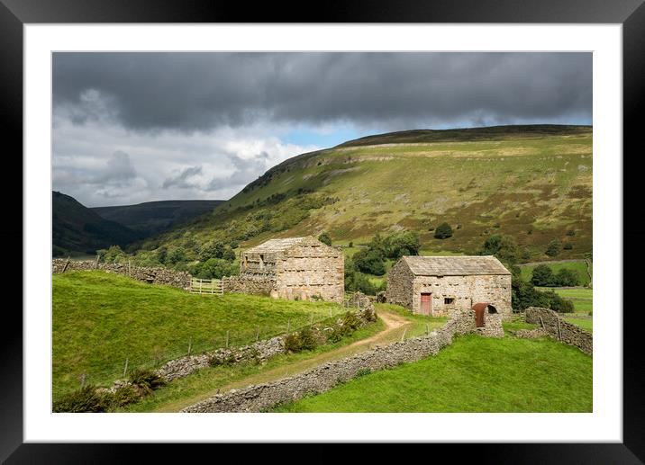 Old stone barns in Swaledale, North Yorkshire Framed Mounted Print by Andrew Kearton