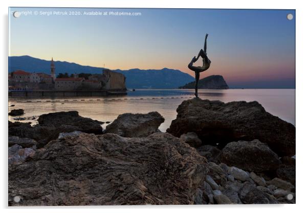 The statue of Ballerina Dancer, standing on the rock. Budva, August 2018. Acrylic by Sergii Petruk