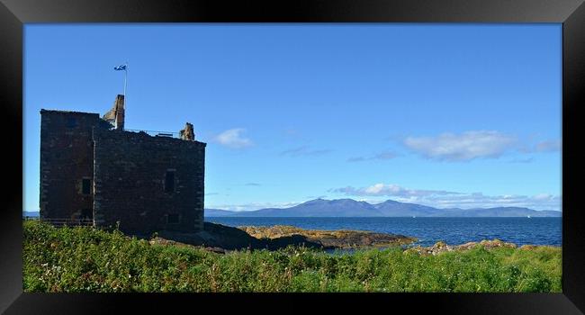 Portencross Castle and Arran`s mountains Framed Print by Allan Durward Photography