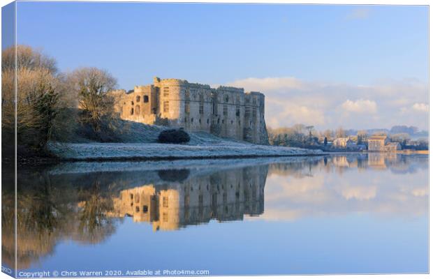 Carew castle reflected in Mill Pond Canvas Print by Chris Warren