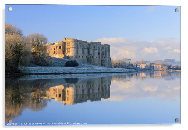 Carew castle reflected in Mill Pond Acrylic by Chris Warren