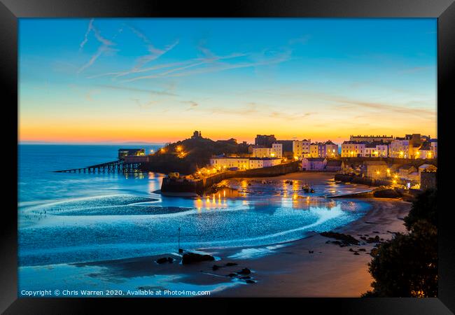 Tenby Harbour at dawn reflection Framed Print by Chris Warren