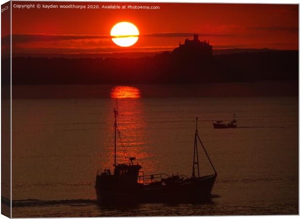 sunrise, fishing boat and st Michaels mount. Canvas Print by kayden woodthorpe