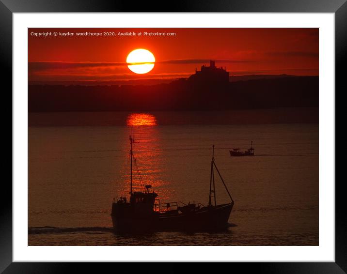 sunrise, fishing boat and st Michaels mount. Framed Mounted Print by kayden woodthorpe