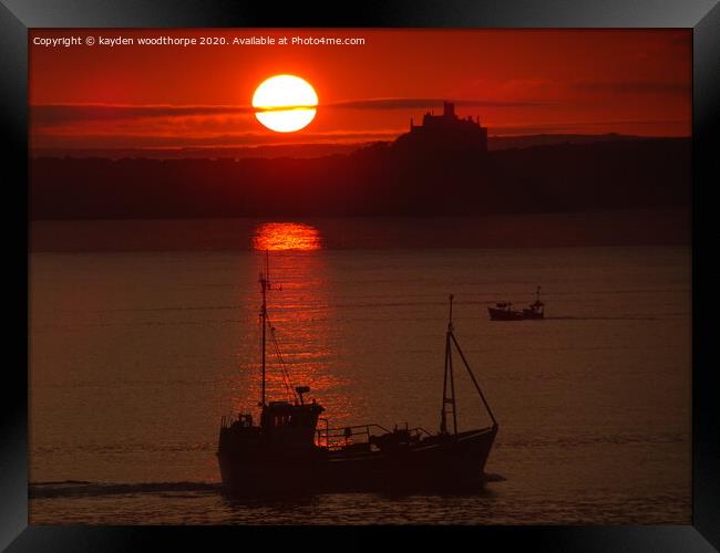 sunrise, fishing boat and st Michaels mount. Framed Print by kayden woodthorpe
