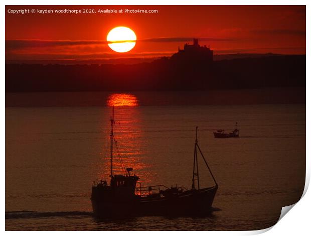 sunrise, fishing boat and st Michaels mount. Print by kayden woodthorpe