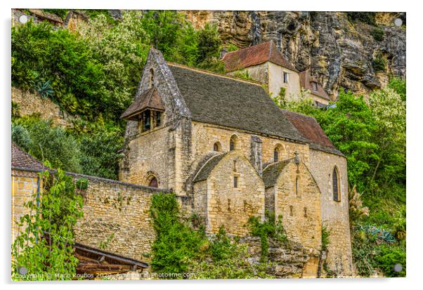 Mountain church in the village La Roque Gageac France Acrylic by Mario Koufios