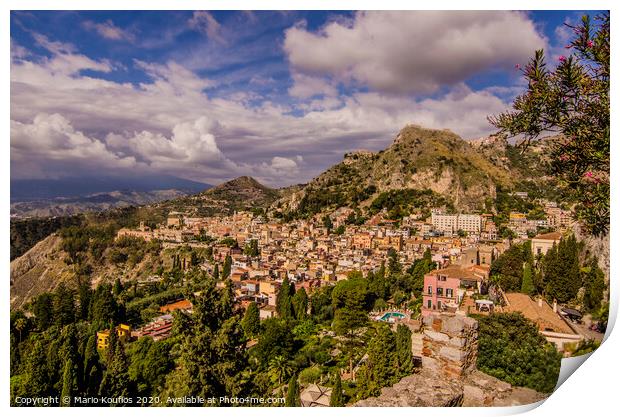 Panoramic view of the city of Taormina from its ancient Greek theater Print by Mario Koufios