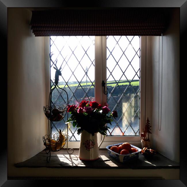 Country cottage window looking on the fields. Framed Print by john hill
