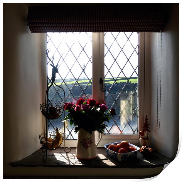 Country cottage window looking on the fields. Print by john hill