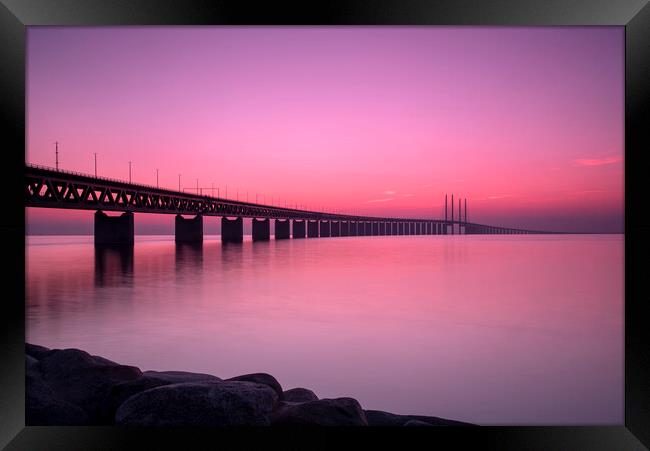 Oresunds Bridge at Sunset with Panoramic Shoreline Framed Print by Antony McAulay