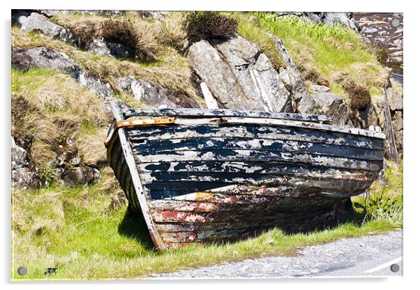 Boat, Wooden dinghy,Abandoned, Rotting, Roadside, Acrylic by Hugh McKean