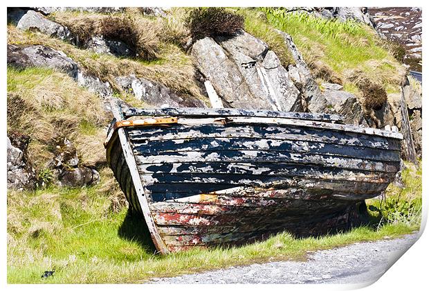 Boat, Wooden dinghy,Abandoned, Rotting, Roadside, Print by Hugh McKean