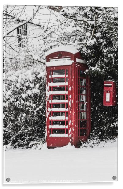 Snowy Red Telephone Box Acrylic by Jaxx Lawson