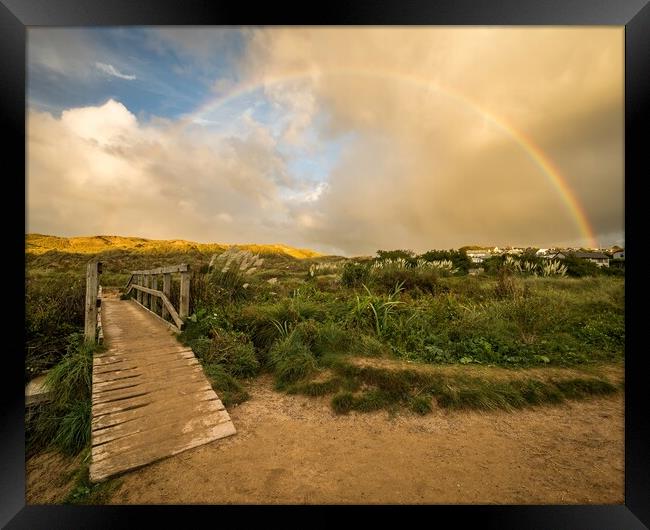 Holywell Bay rainbow Framed Print by Jason Thompson