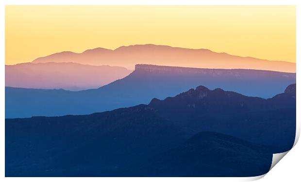 Sunset light over the spanish Pyrenees mountains,nice silhouette peaks Print by Arpad Radoczy