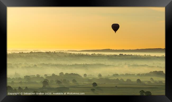 Hot Air Balloon Landscape at Sunrise Framed Print by Sebastien Greber