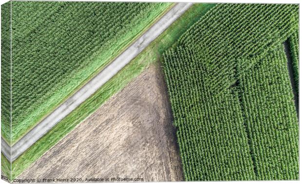 Aerial photograph of a harvested arable land next to a maize field Canvas Print by Frank Heinz