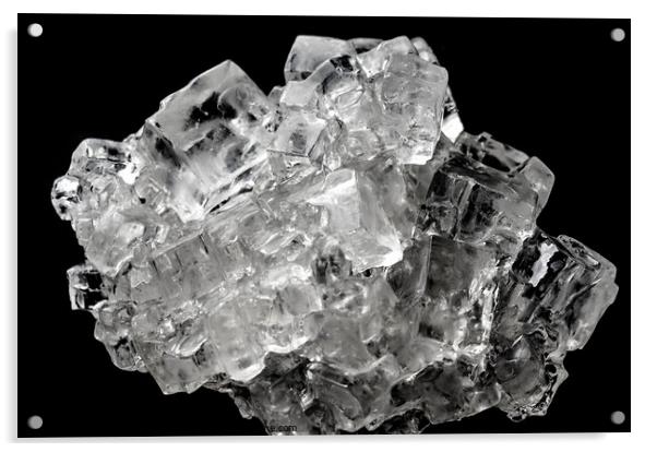 Cubic salt crystal aggregate against black background Acrylic by Frank Heinz