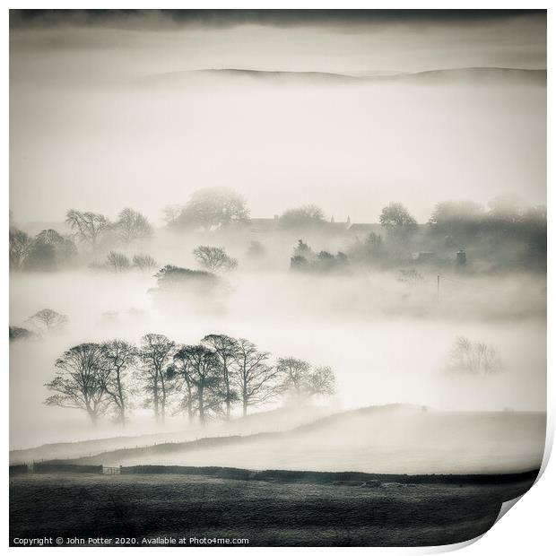 Misty Daybreak, Wharfedale, The Yorkshire dales. Print by John Potter