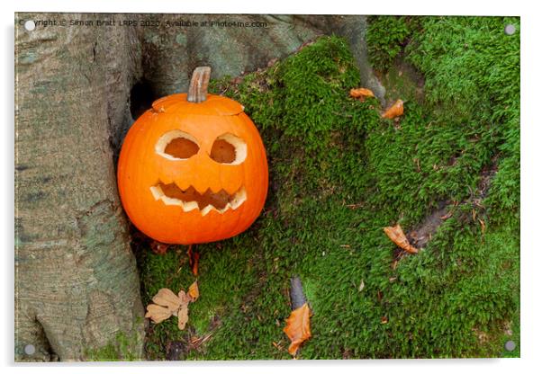 Scary halloween pumpkin in the woods Acrylic by Simon Bratt LRPS