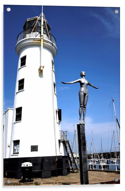 Harbour lighthouse and bathing belle statue at Scarborough. Acrylic by john hill