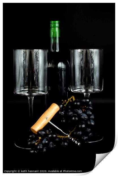 still life bottle of wine two. glasses and grapes  Print by keith hannant