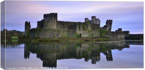 Caerphilly Castle's Mirrored Beauty at Dawn. Canvas Print by Philip Veale