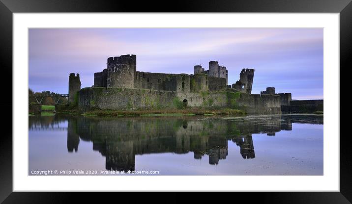 Caerphilly Castle's Mirrored Beauty at Dawn. Framed Mounted Print by Philip Veale