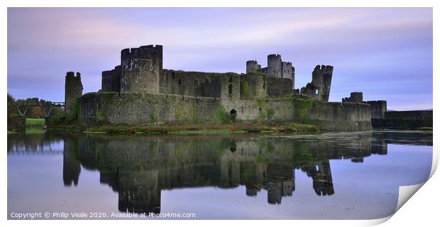 Caerphilly Castle's Mirrored Beauty at Dawn. Print by Philip Veale