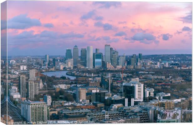 Aerial sunset London cityscape with Canary Wharf in the background Canvas Print by Milton Cogheil