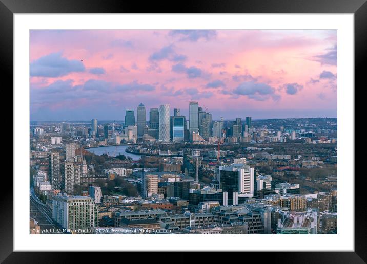 Aerial sunset London cityscape with Canary Wharf in the background Framed Mounted Print by Milton Cogheil