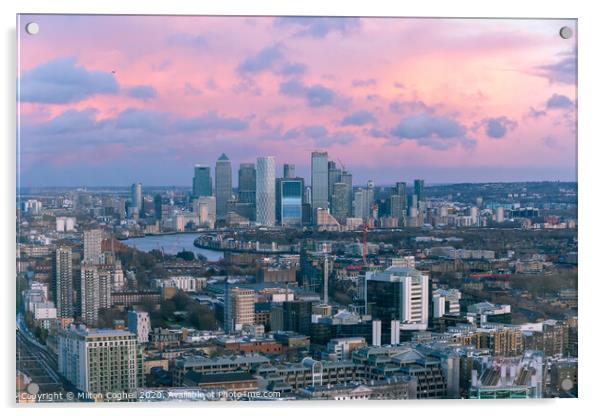Aerial sunset London cityscape with Canary Wharf in the background Acrylic by Milton Cogheil
