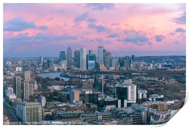 Aerial sunset London cityscape with Canary Wharf in the background Print by Milton Cogheil