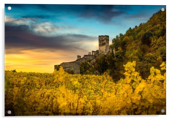Autumn vineyards under old ruin of Hinterhaus castle in Spitz. Wachau valley. Acrylic by Sergey Fedoskin