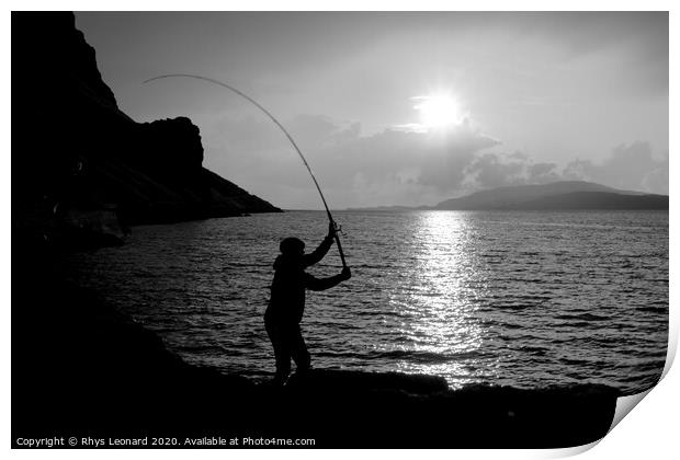 Young man fishing with feathers for mackerel B+W Print by Rhys Leonard