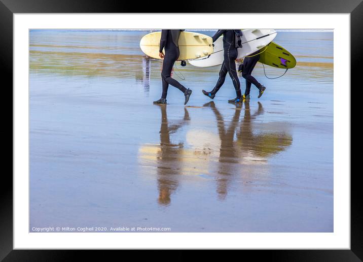 Surfers on Polzeath beach, Cornwall Framed Mounted Print by Milton Cogheil