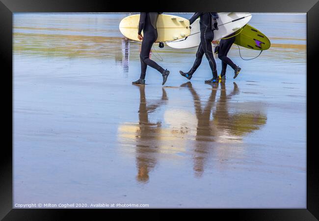 Surfers on Polzeath beach, Cornwall Framed Print by Milton Cogheil