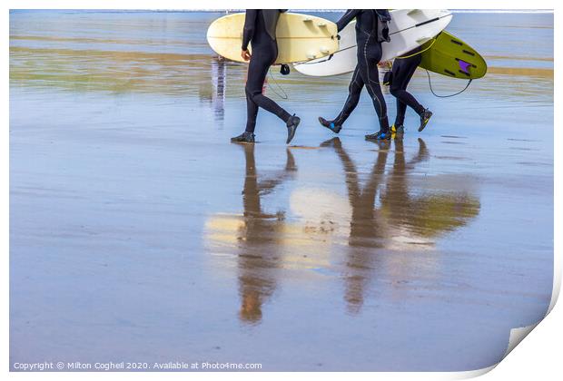 Surfers on Polzeath beach, Cornwall Print by Milton Cogheil