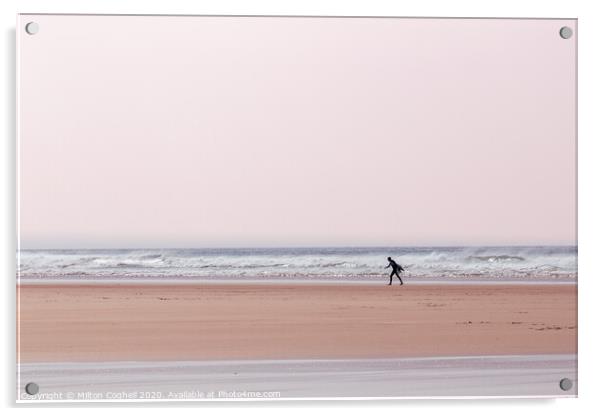 Lone surfer on Polzeath beach, Cornwall, UK Acrylic by Milton Cogheil