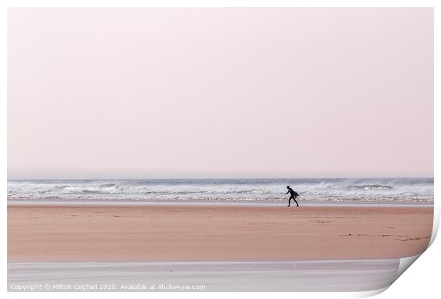Lone surfer on Polzeath beach, Cornwall, UK Print by Milton Cogheil